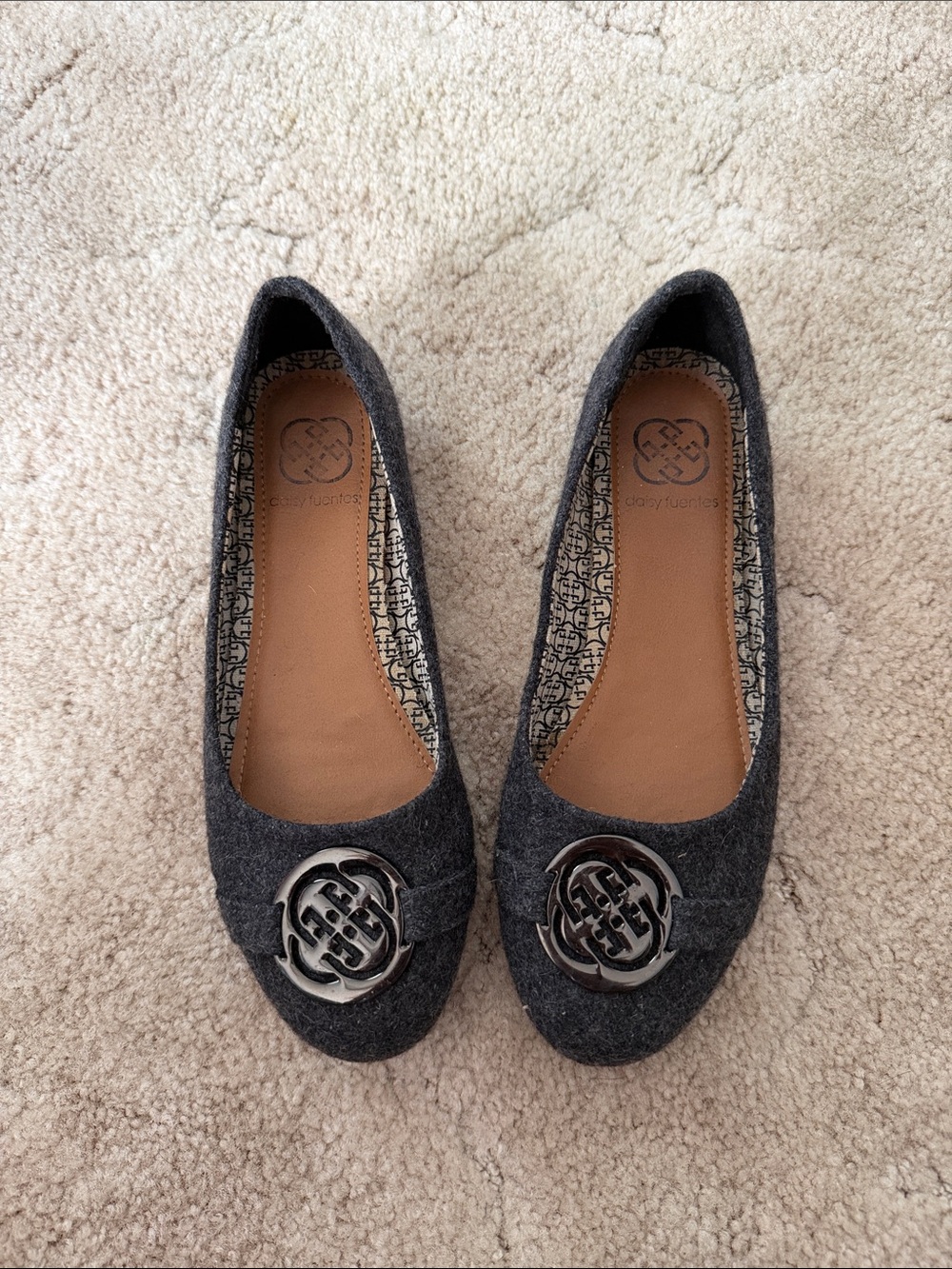 Tory Burch look a like Dark Charcoal Wool Logo Medallion Ballet Flats